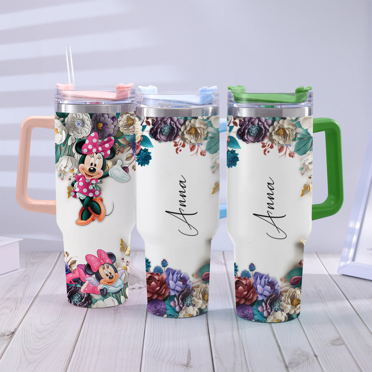 Personalized Mouse Tumbler with Handle Floral Design Gift Tumbler With Handle GradoCreations