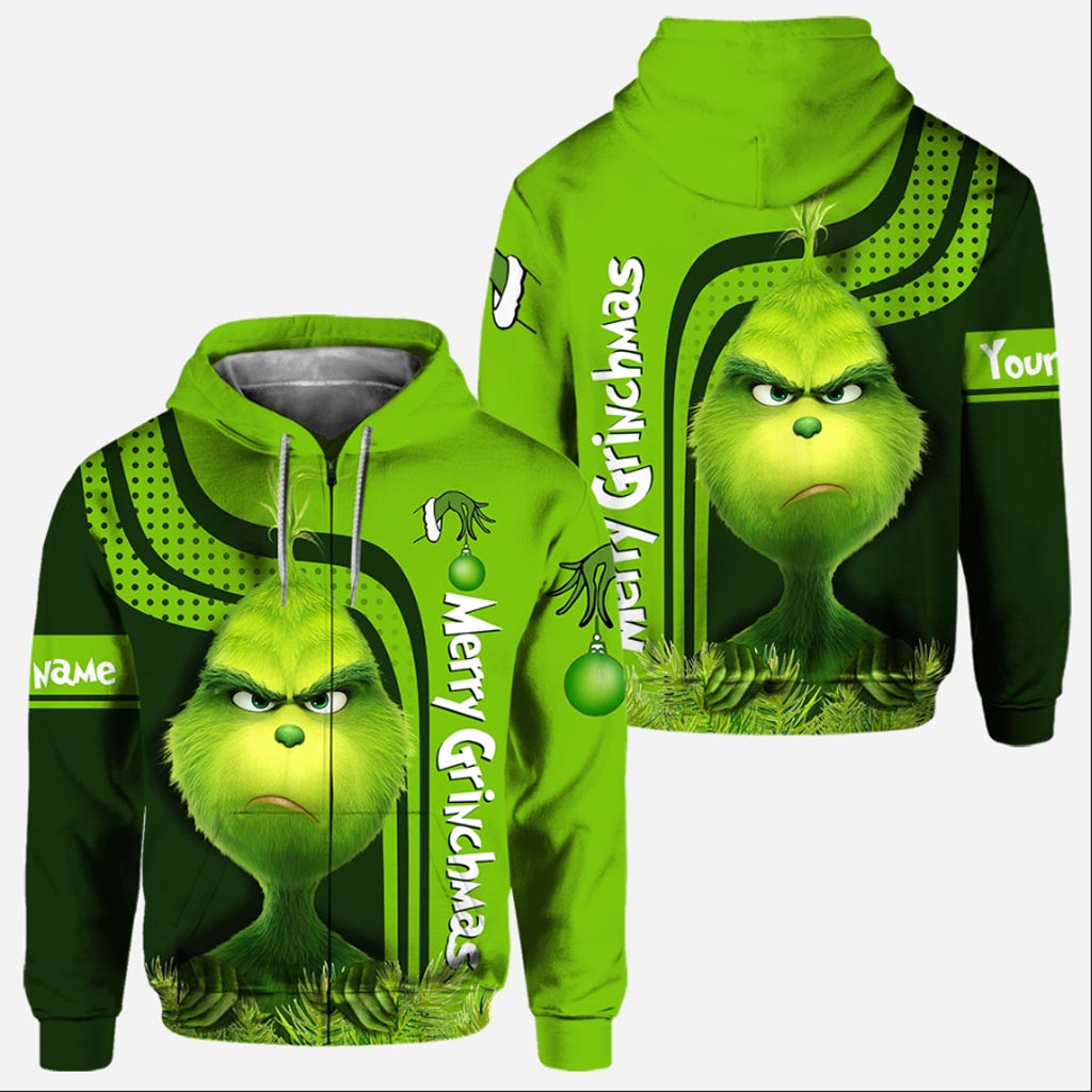 Personalized Grinch Hoodie Custom Name Holiday T-Shirt Gift All Over Shirt GradoCreations