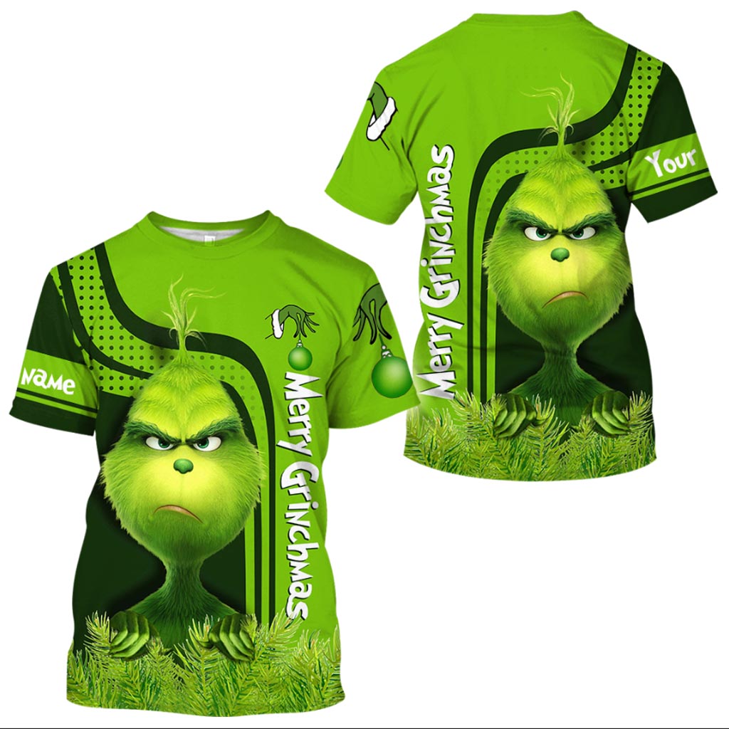 Personalized Grinch Hoodie Custom Name Holiday T-Shirt Gift All Over Shirt GradoCreations