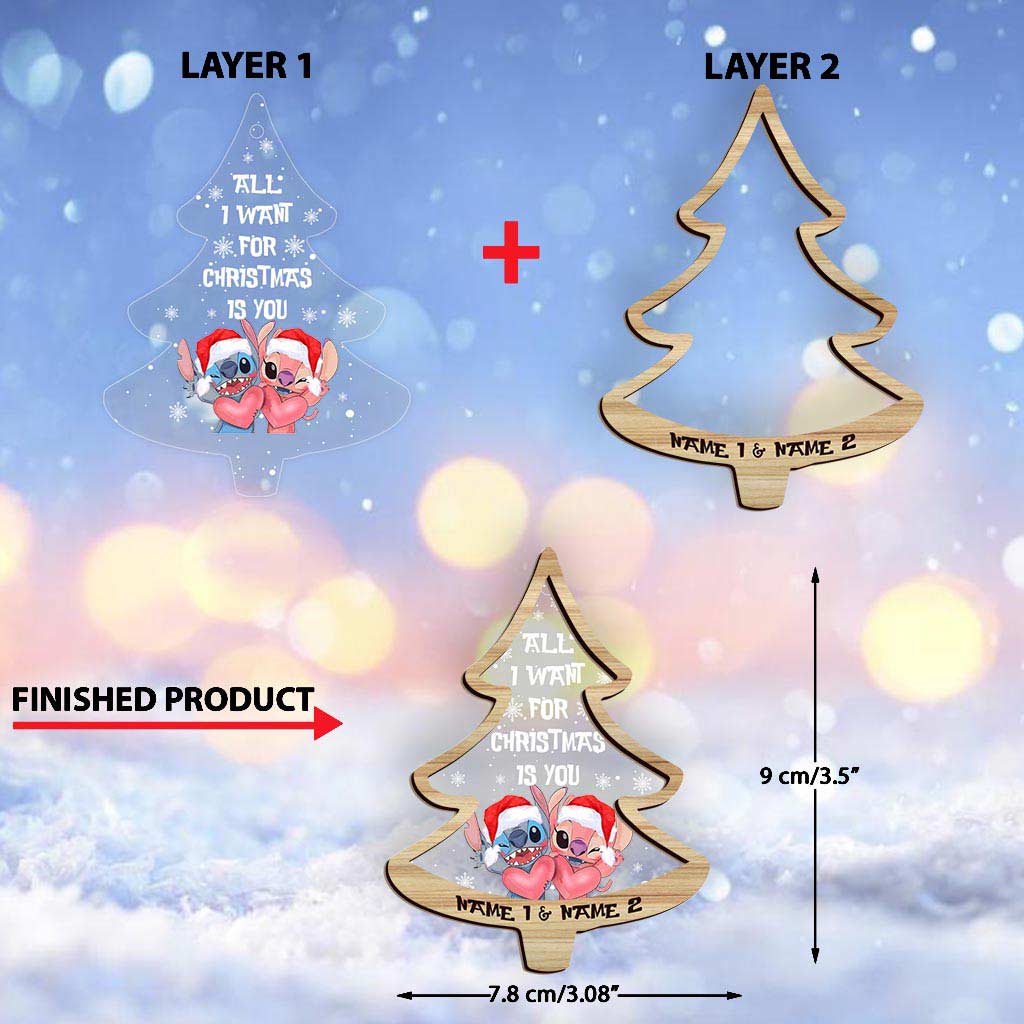 Personalized Christmas Tree Ornament All I Want Is You Custom Names Gift for Couples Layers Mix Ornament GradoCreations