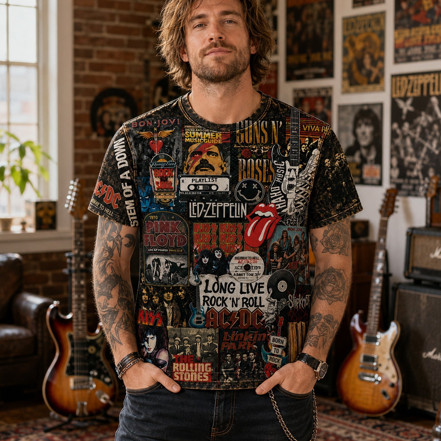 All-Over Print Classic Rock T-Shirt for Music Lovers GradoCreations