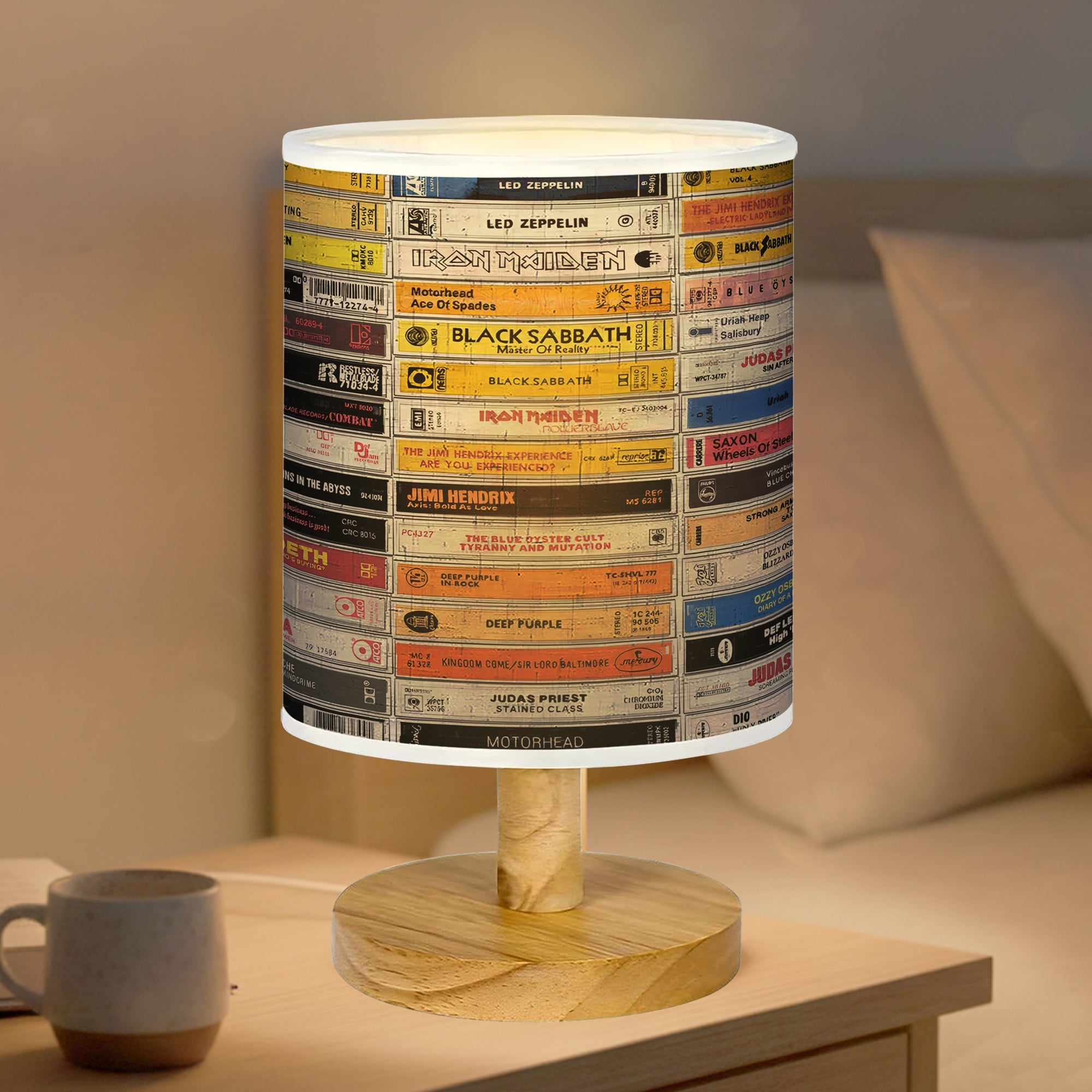 Vintage Rock Music Fabric Lamp with Wood Base for Music Lovers GradoCreations