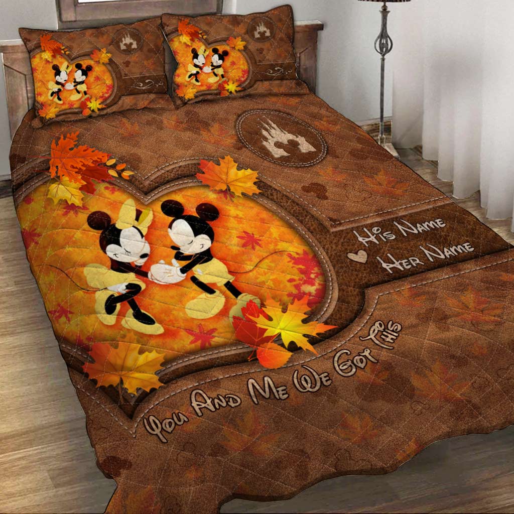 Personalized Mouse Quilt Set with Fall Leaves Custom Names Gift for Couple Quilt Set GradoCreations