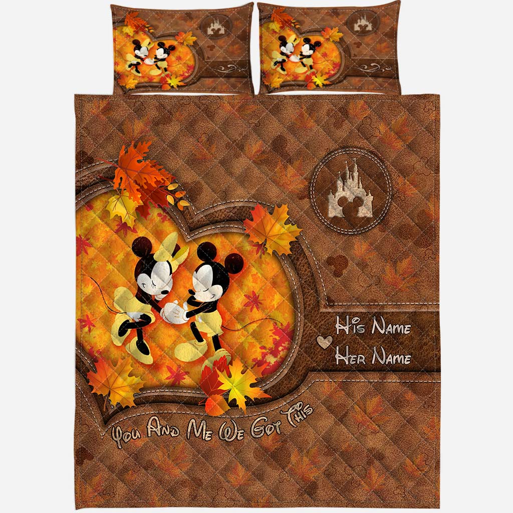 Personalized Mouse Quilt Set with Fall Leaves Custom Names Gift for Couple Quilt Set GradoCreations