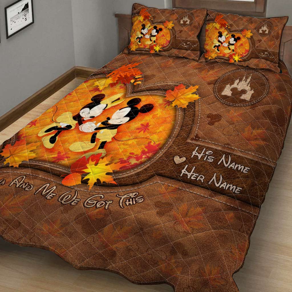Personalized Mouse Quilt Set with Fall Leaves Custom Names Gift for Couple Quilt Set GradoCreations