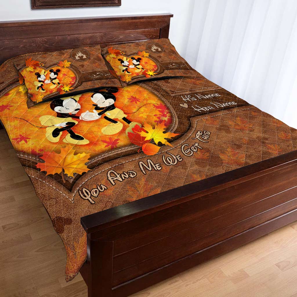 Personalized Mouse Quilt Set with Fall Leaves Custom Names Gift for Couple Quilt Set GradoCreations