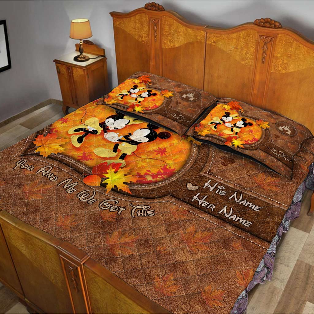 Personalized Mouse Quilt Set with Fall Leaves Custom Names Gift for Couple Quilt Set GradoCreations
