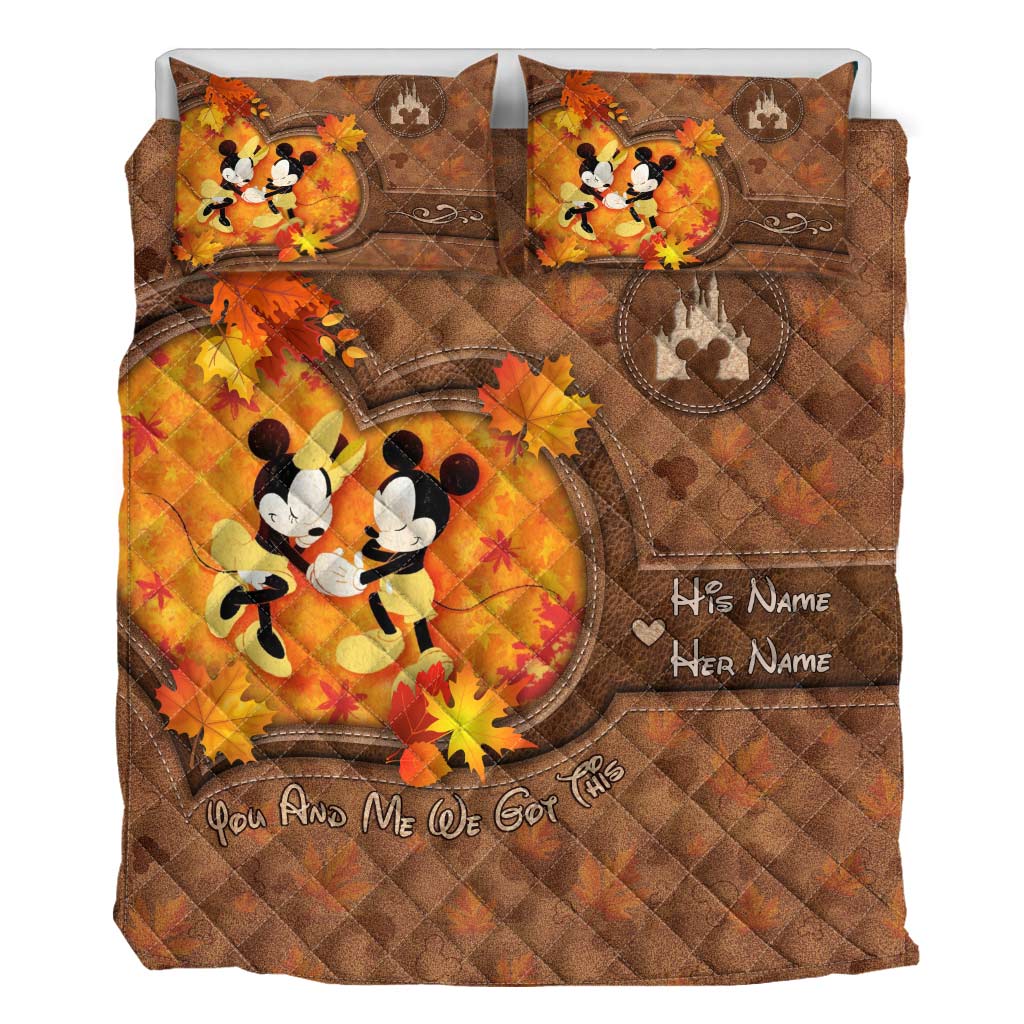Personalized Mouse Quilt Set with Fall Leaves Custom Names Gift for Couple Quilt Set GradoCreations
