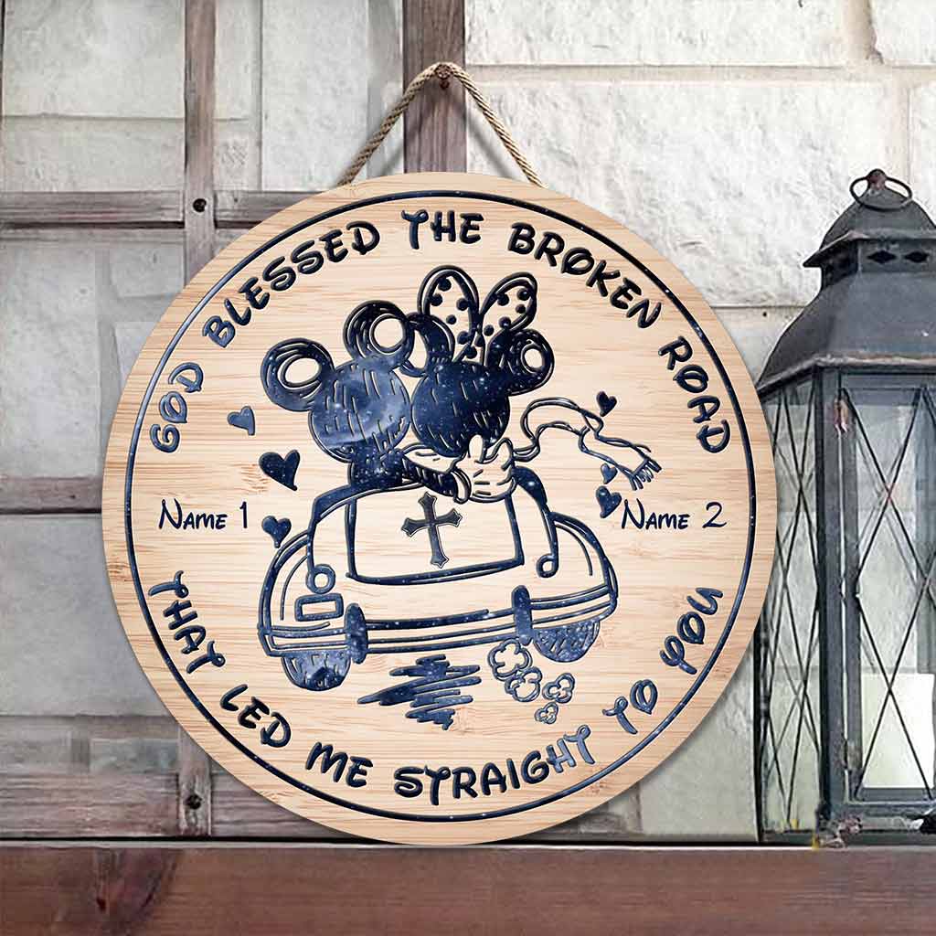 Personalized Round Wood Sign God Blessed the Broken Road Gift for Couples Round Wood Sign GradoCreations