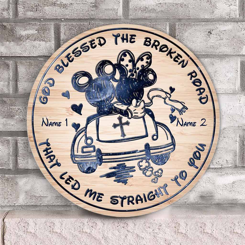 Personalized Round Wood Sign God Blessed the Broken Road Gift for Couples Round Wood Sign GradoCreations