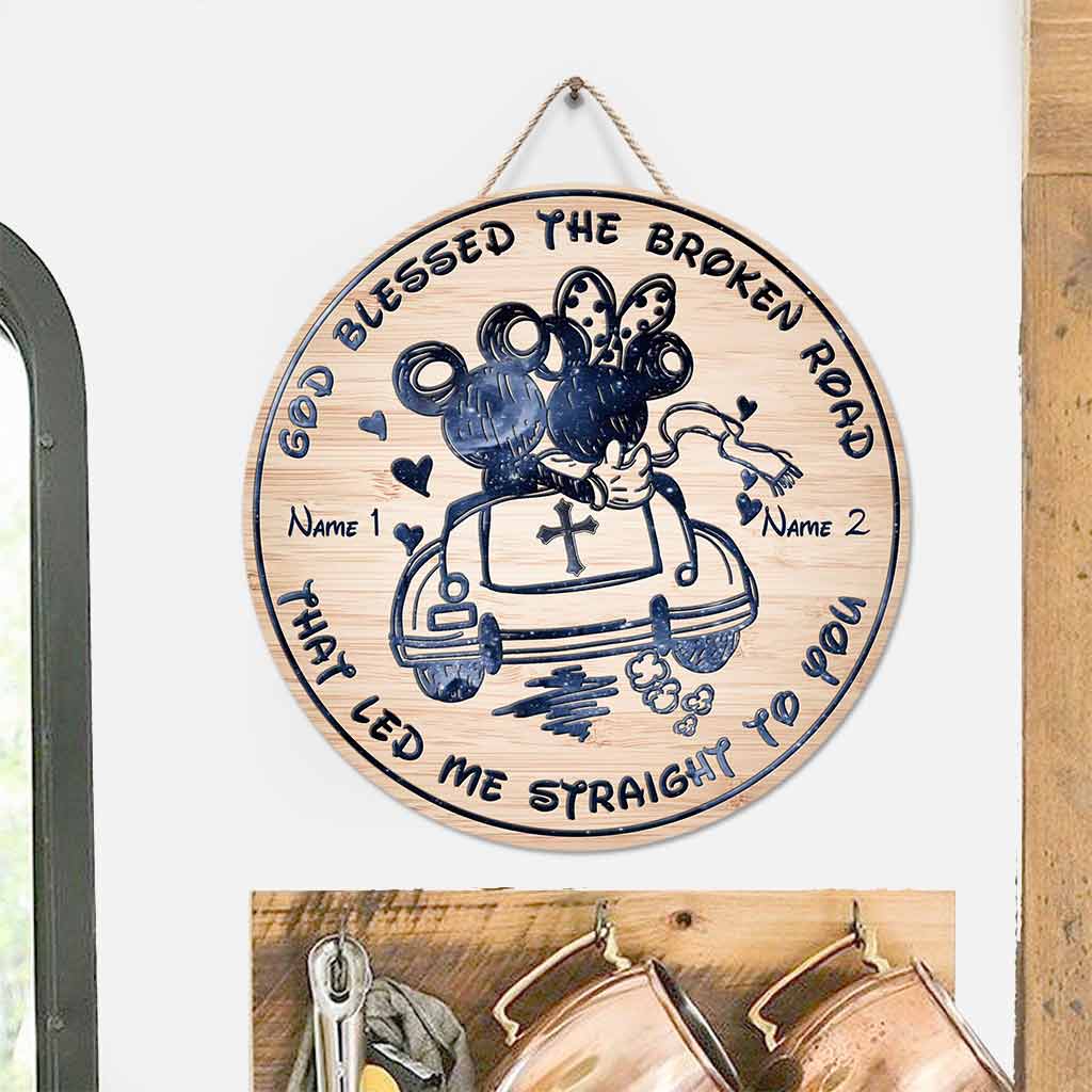 Personalized Round Wood Sign God Blessed the Broken Road Gift for Couples Round Wood Sign GradoCreations