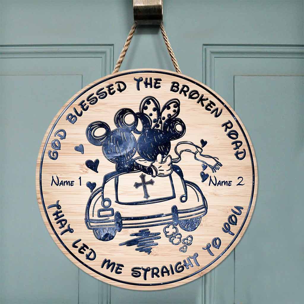 Personalized Round Wood Sign God Blessed the Broken Road Gift for Couples Round Wood Sign GradoCreations