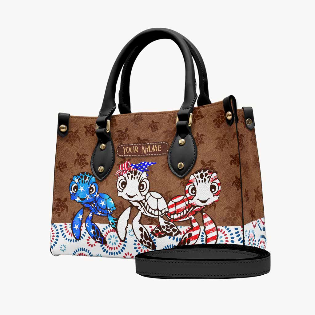 Personalized Independence Day Leather Handbag with Turtle Design Leather Handbag GradoCreations