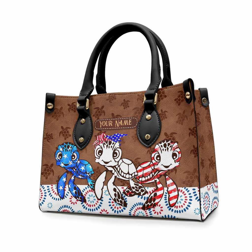 Personalized Independence Day Leather Handbag with Turtle Design Leather Handbag GradoCreations
