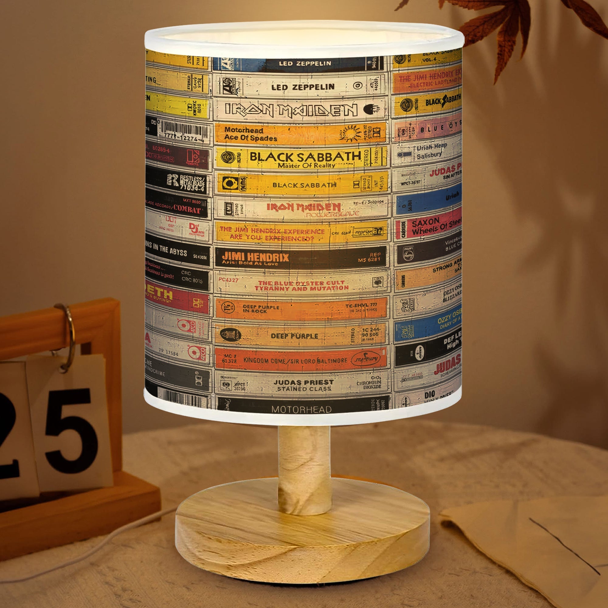 Vintage Rock Music Fabric Lamp with Wood Base for Music Lovers GradoCreations