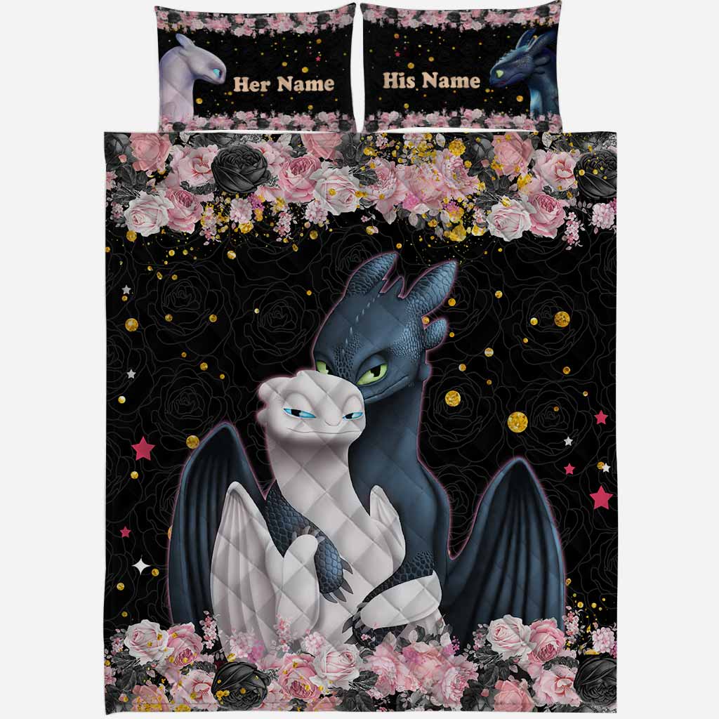 Personalized Dragon Love Story Quilt Set Custom Names Gift for Couples Quilt Set GradoCreations