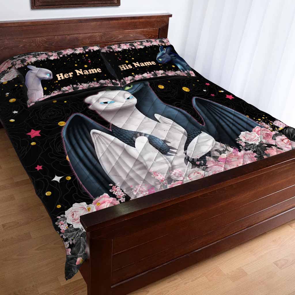 Personalized Dragon Love Story Quilt Set Custom Names Gift for Couples Quilt Set GradoCreations