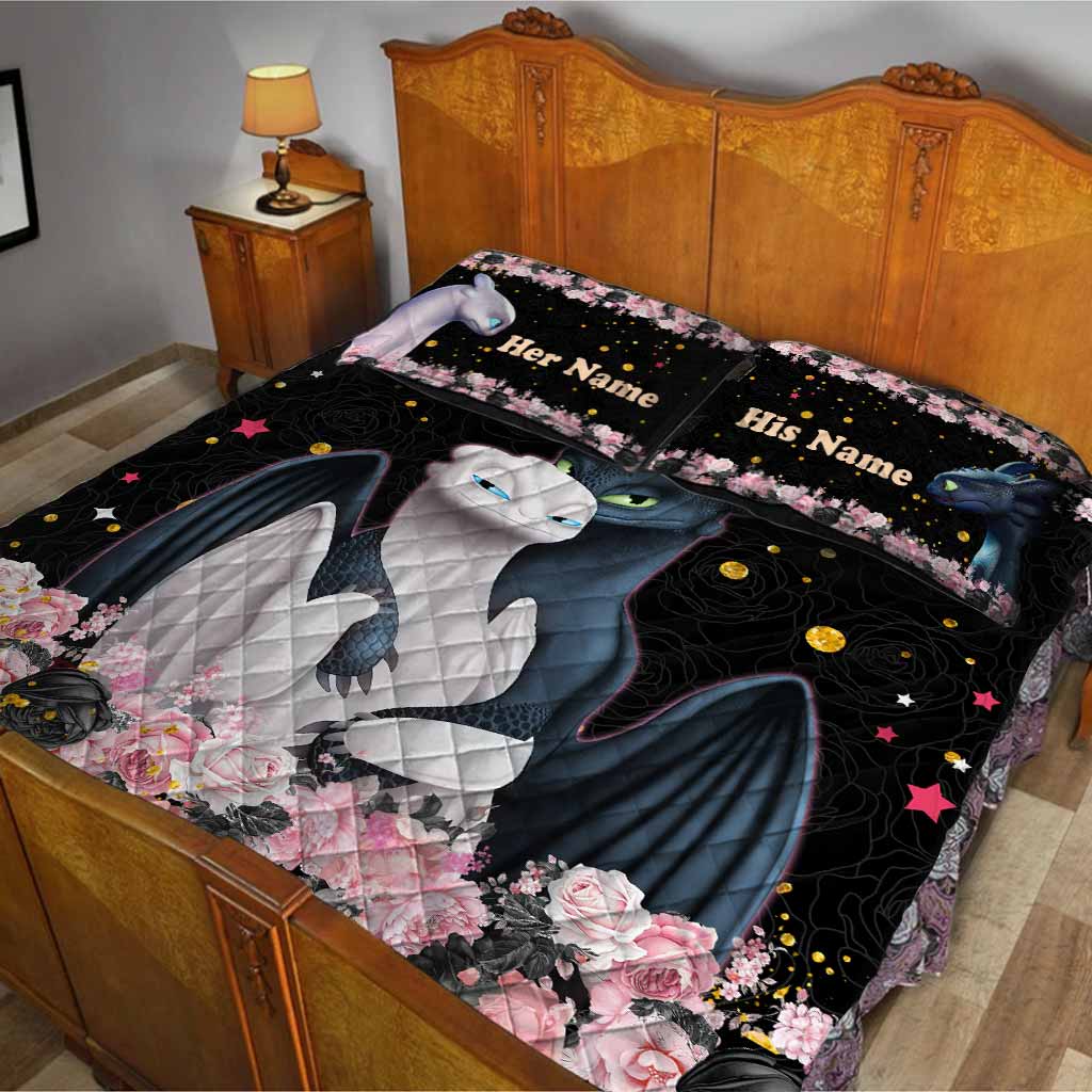 Personalized Dragon Love Story Quilt Set Custom Names Gift for Couples Quilt Set GradoCreations