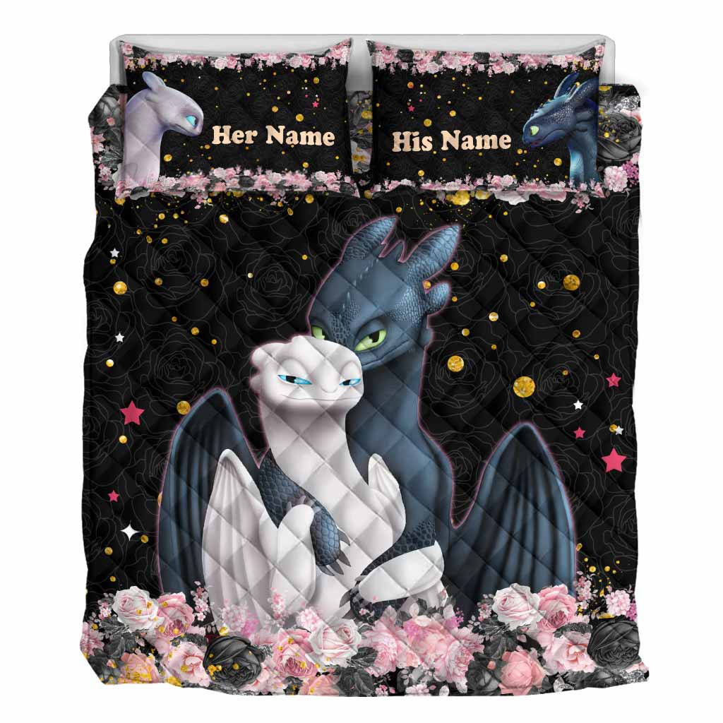 Personalized Dragon Love Story Quilt Set Custom Names Gift for Couples Quilt Set GradoCreations