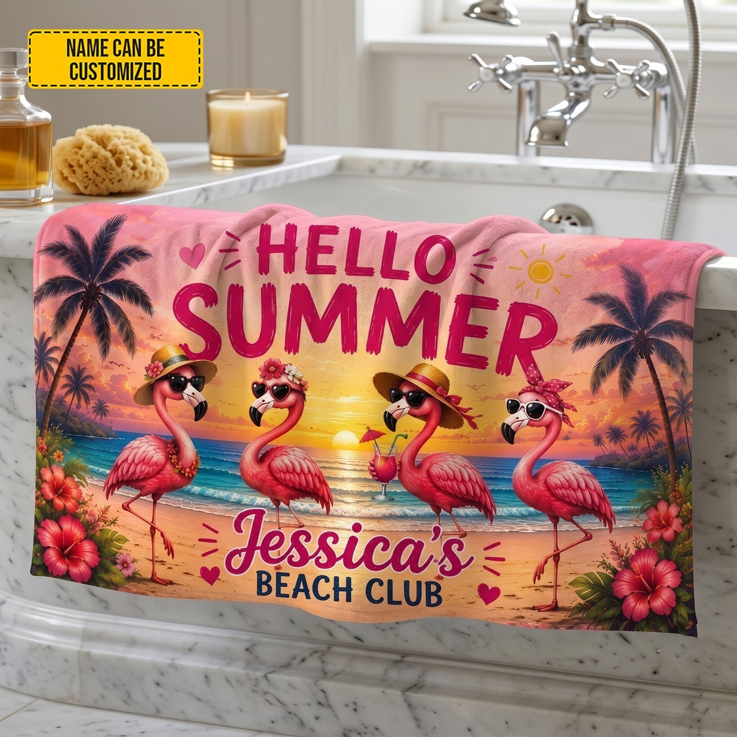 Personalized Flamingo Beach Towel Custom Name Gift for Travelers