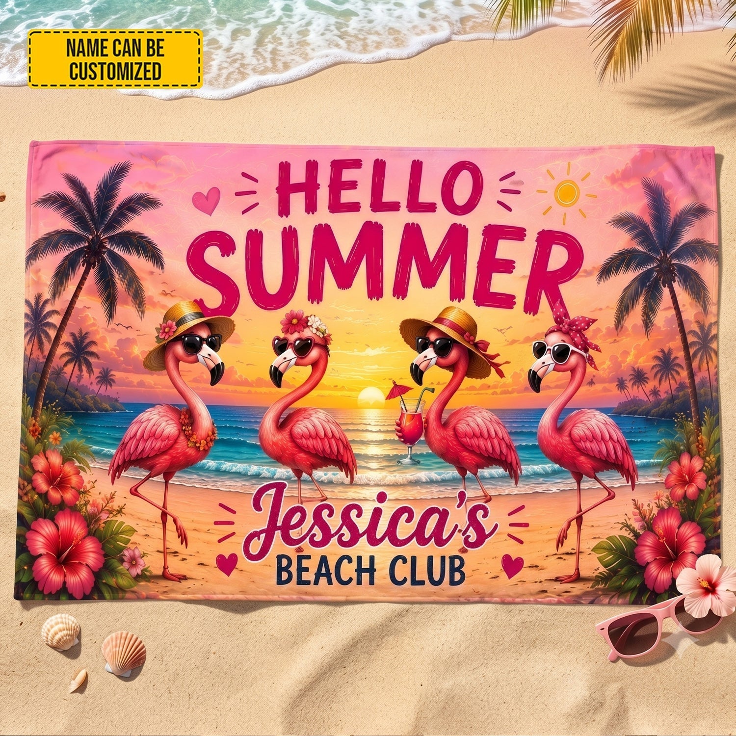 Personalized Flamingo Beach Towel Custom Name Gift for Travelers