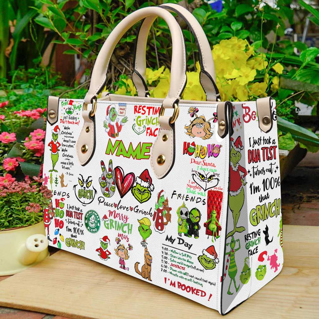 Personalized Christmas Leather Handbag with Grinch Design Gift for Her Leather Handbag GradoCreations
