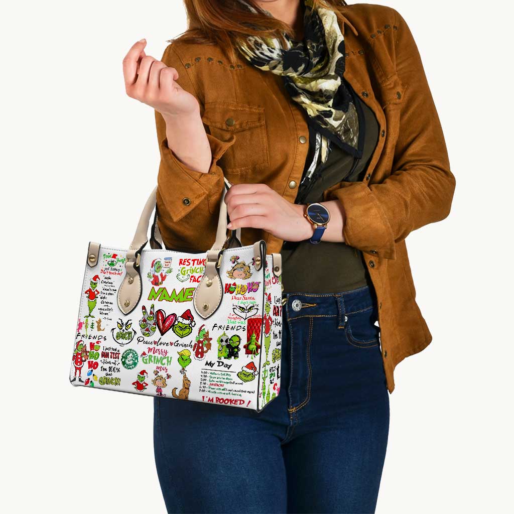 Personalized Christmas Leather Handbag with Grinch Design Gift for Her Leather Handbag GradoCreations