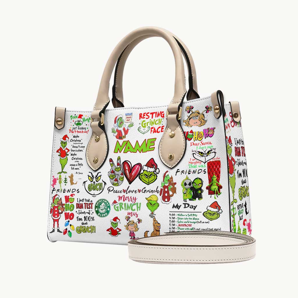 Personalized Christmas Leather Handbag with Grinch Design Gift for Her Leather Handbag GradoCreations