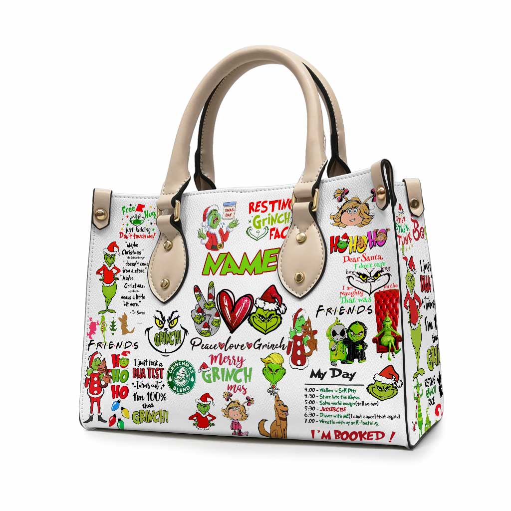 Personalized Christmas Leather Handbag with Grinch Design Gift for Her Leather Handbag GradoCreations