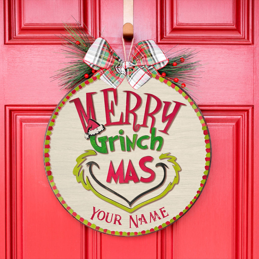 Personalized Grinch Christmas Round Wood Sign Custom Name Gift Round Wood Sign GradoCreations