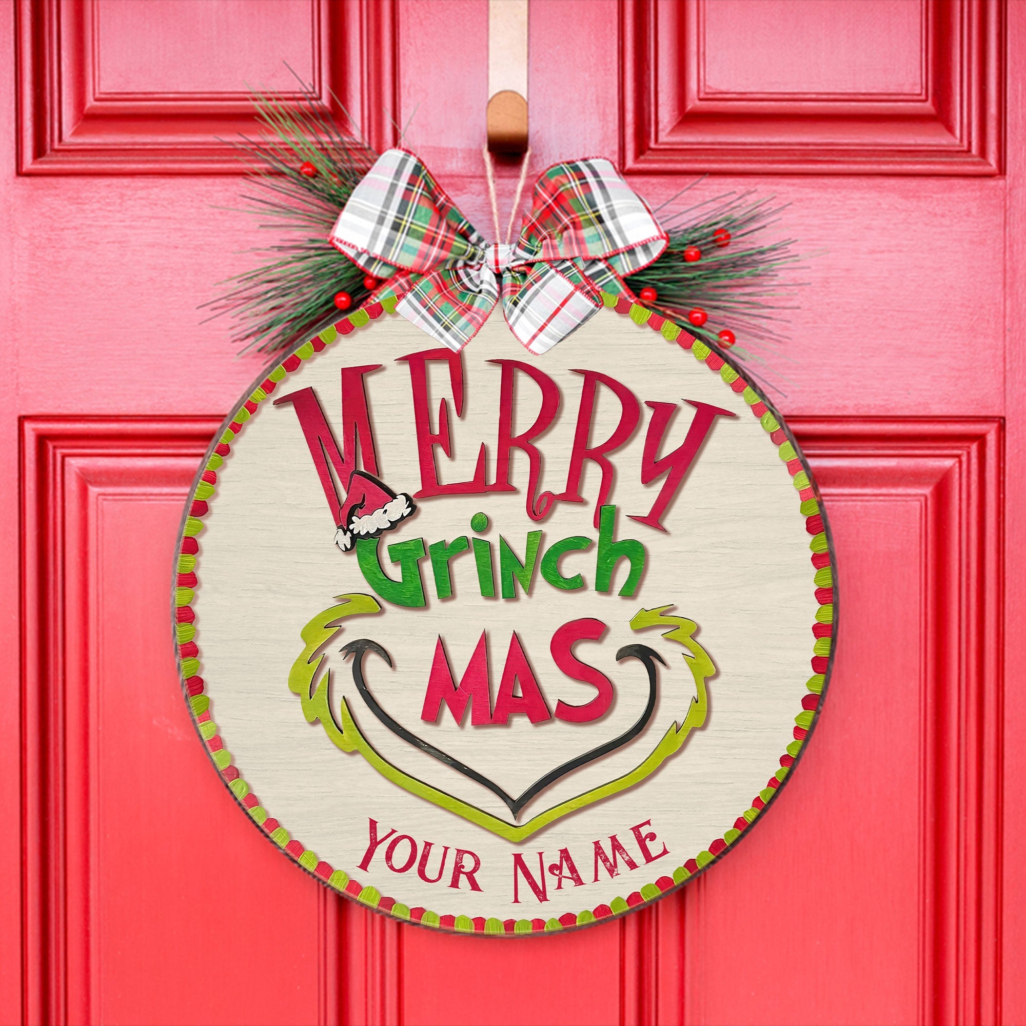 Personalized Grinch Christmas Round Wood Sign Custom Name Gift Round Wood Sign GradoCreations