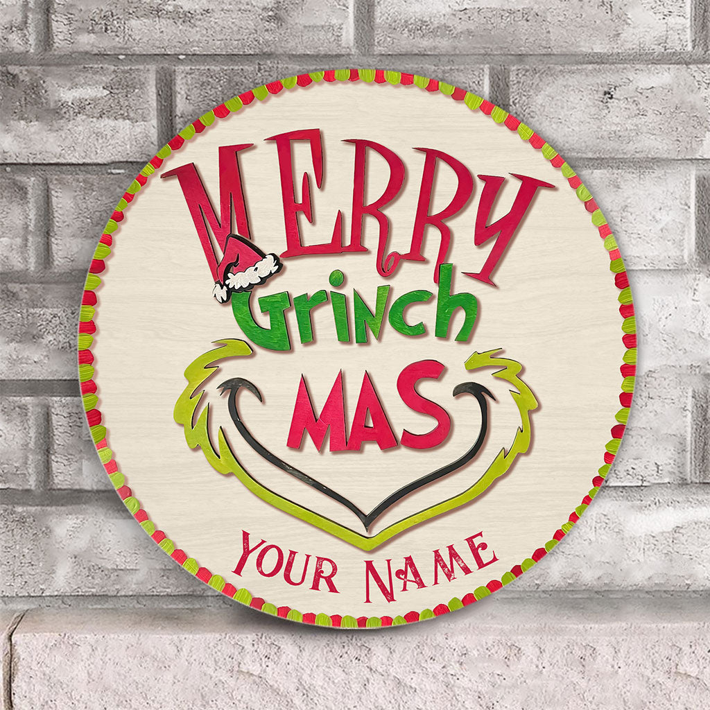 Personalized Grinch Christmas Round Wood Sign Custom Name Gift Round Wood Sign GradoCreations