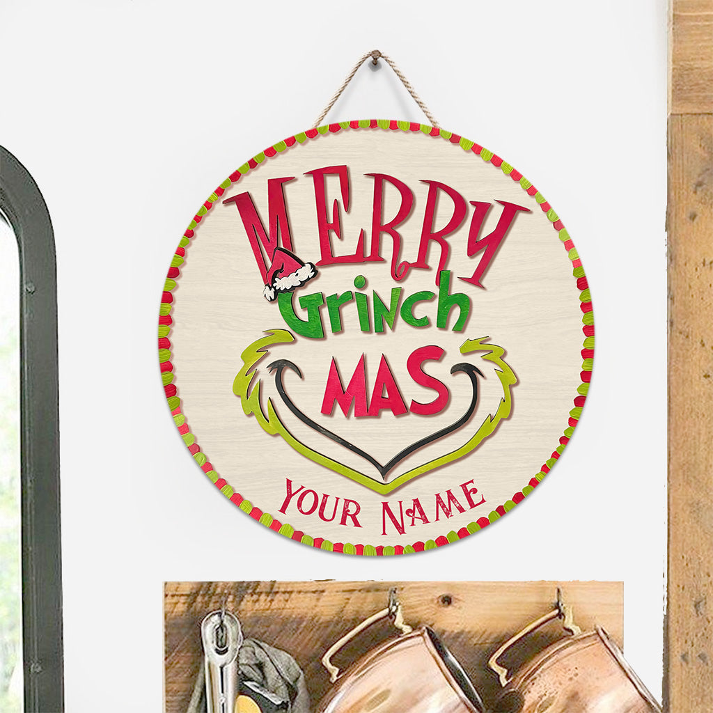 Personalized Grinch Christmas Round Wood Sign Custom Name Gift Round Wood Sign GradoCreations