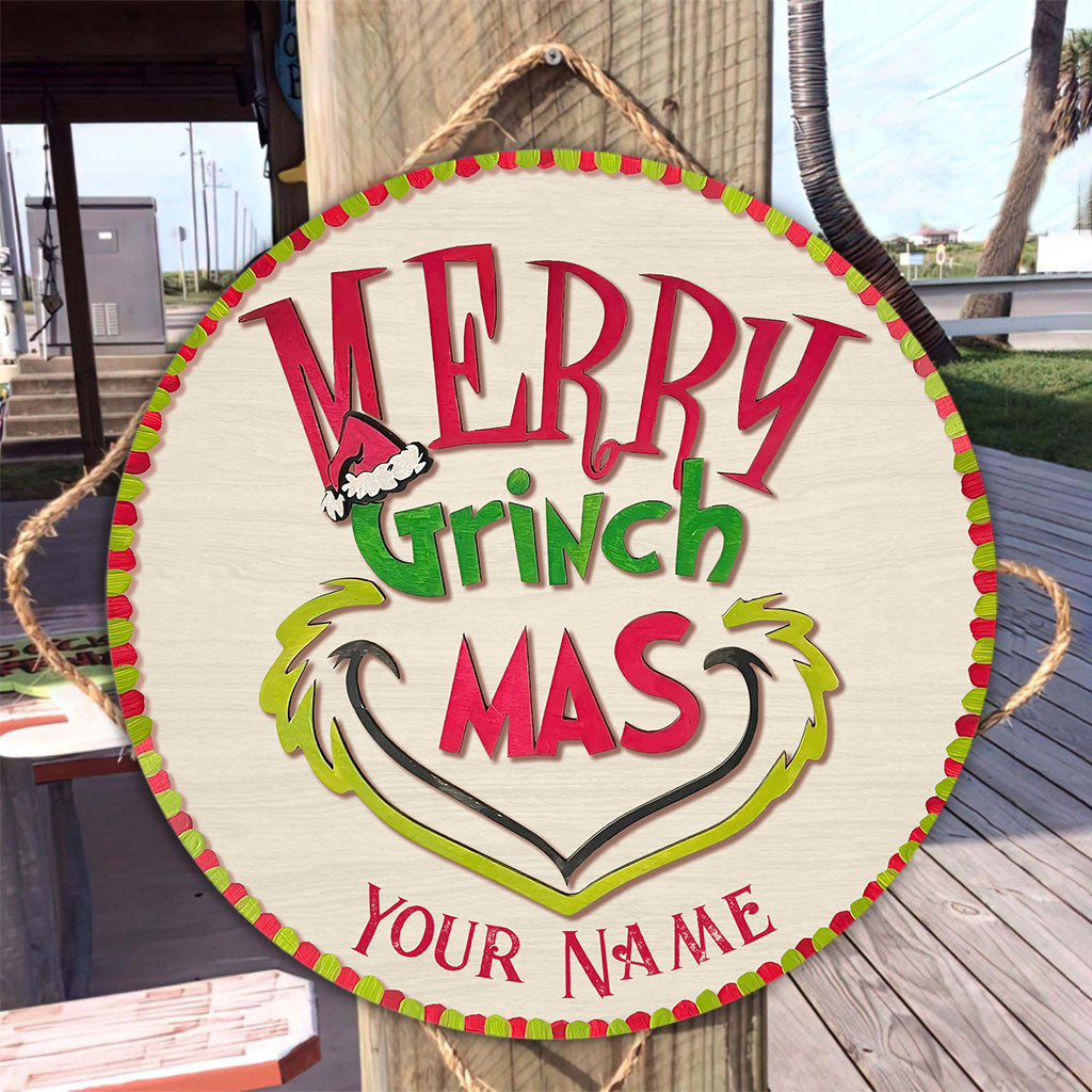 Personalized Grinch Christmas Round Wood Sign Custom Name Gift Round Wood Sign GradoCreations