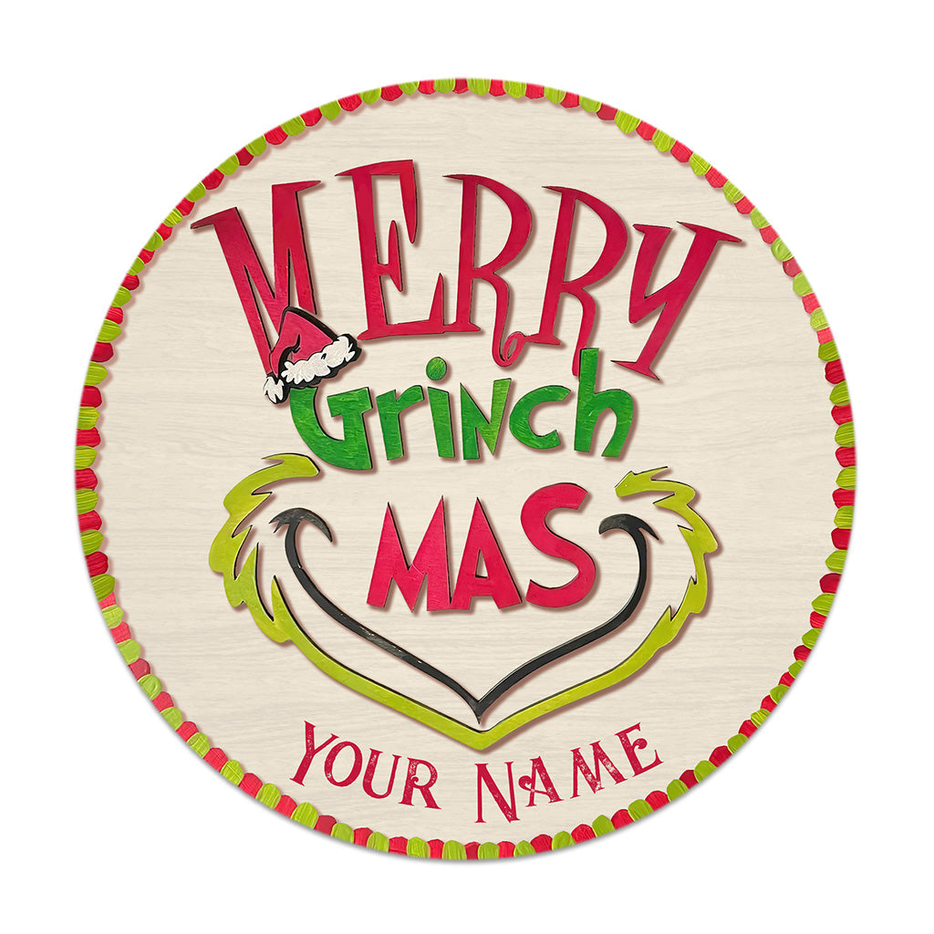 Personalized Grinch Christmas Round Wood Sign Custom Name Gift Round Wood Sign GradoCreations