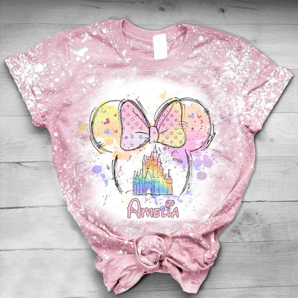 Personalized Bleached T-Shirt with Disney Castle and Bow Design for Kids Handmade Bleached Shirt GradoCreations