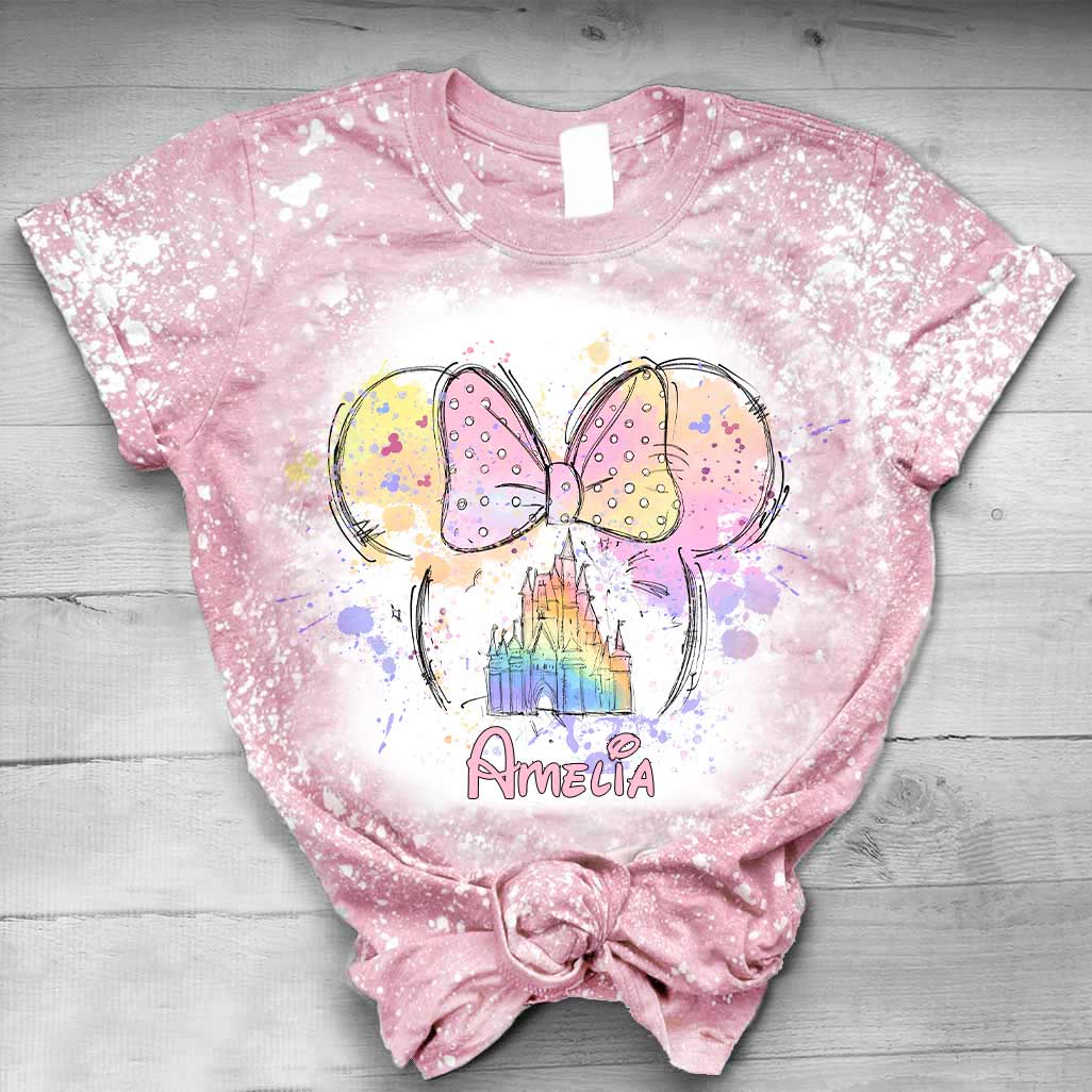 Personalized Bleached T-Shirt with Disney Castle and Bow Design for Kids Handmade Bleached Shirt GradoCreations