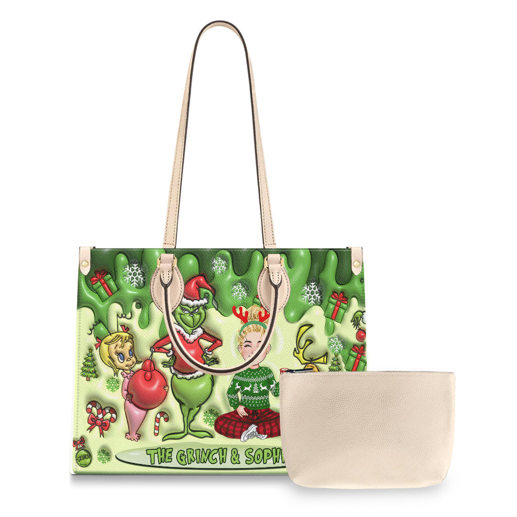 Personalized Grinch Theme Leather Handbag for Christmas Gift Leather Handbag GradoCreations