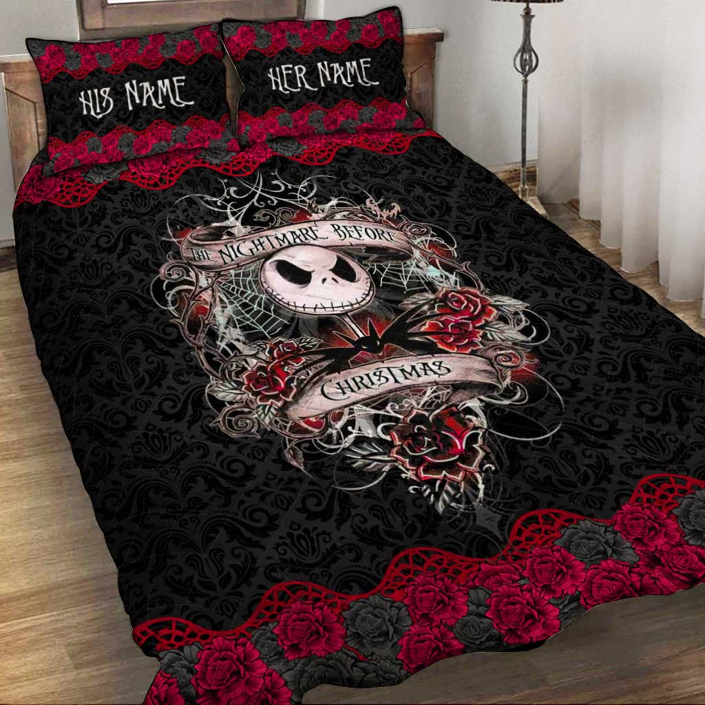 Personalized Nightmare Before Christmas Quilt Set with Roses for Couples Quilt Set GradoCreations