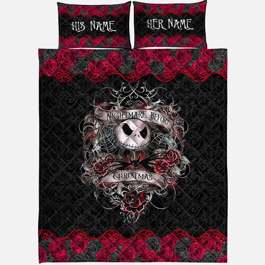 Personalized Nightmare Before Christmas Quilt Set with Roses for Couples Quilt Set GradoCreations
