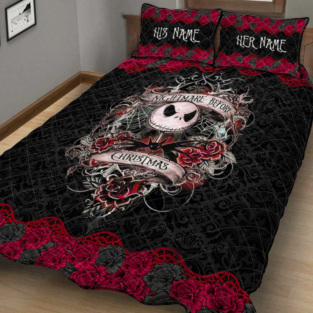 Personalized Nightmare Before Christmas Quilt Set with Roses for Couples Quilt Set GradoCreations