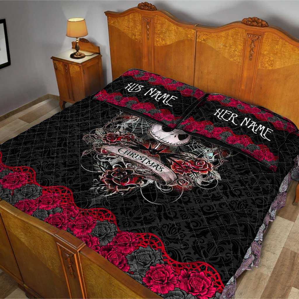 Personalized Nightmare Before Christmas Quilt Set with Roses for Couples Quilt Set GradoCreations