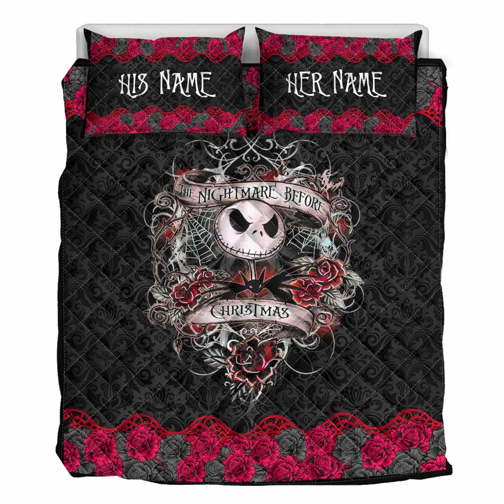 Personalized Nightmare Before Christmas Quilt Set with Roses for Couples Quilt Set GradoCreations
