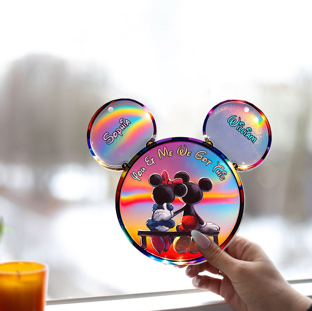 Personalized Mickey Mouse Suncatcher Ornament Custom Gift for Couples Window Hanging Suncatcher Ornament GradoCreations