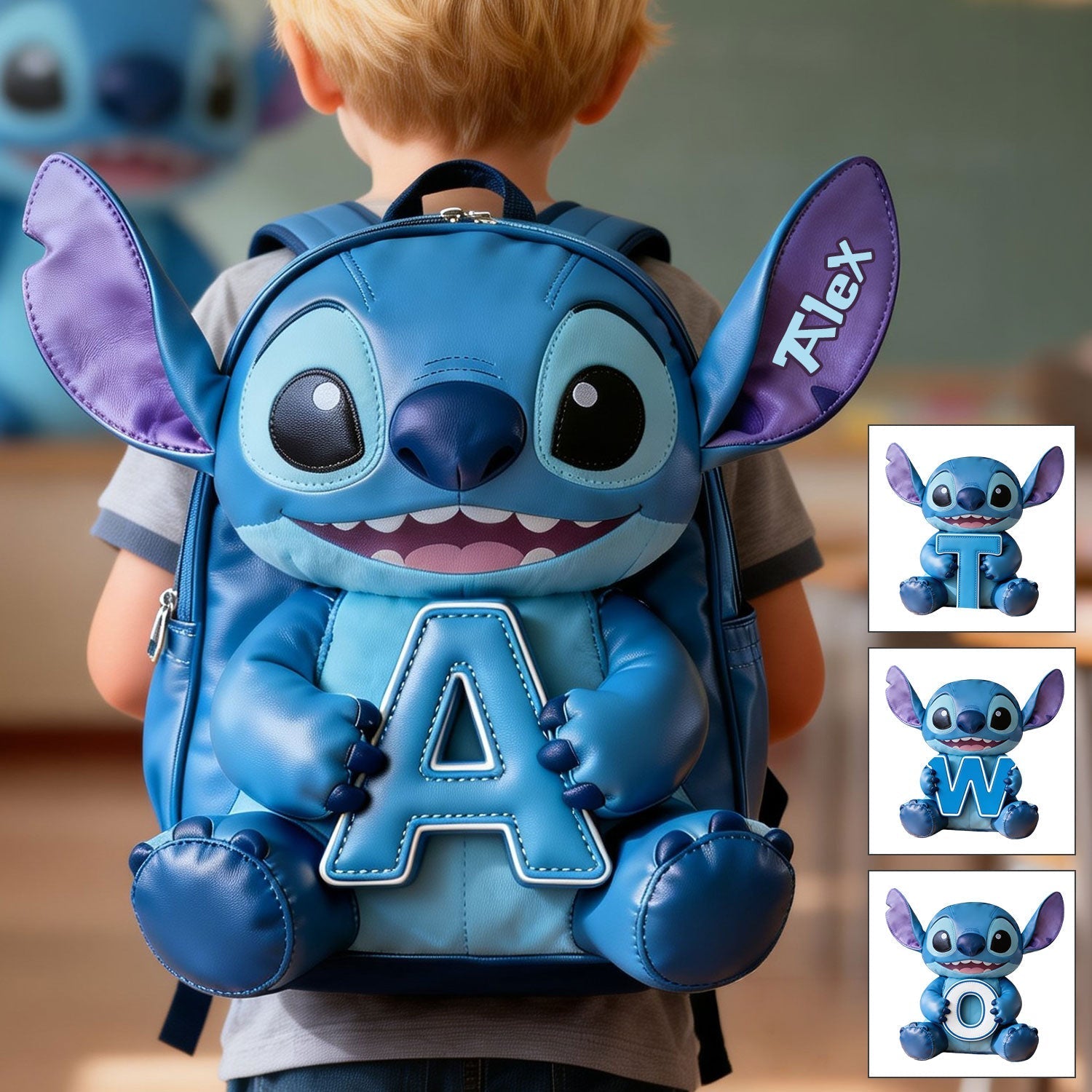 Personalized Blue Alien Leather Patch Backpack for Kids Changeable Leather Patch Backpack GradoCreations