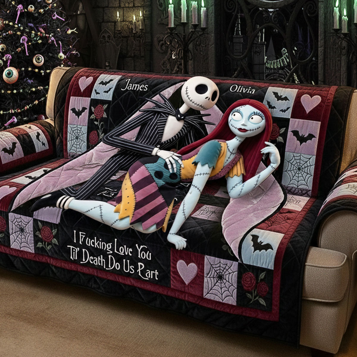 Personalized Gothic Romance Quilted Sofa Cover Custom Name for Couples Quilted Sofa/Couch Cover GradoCreations
