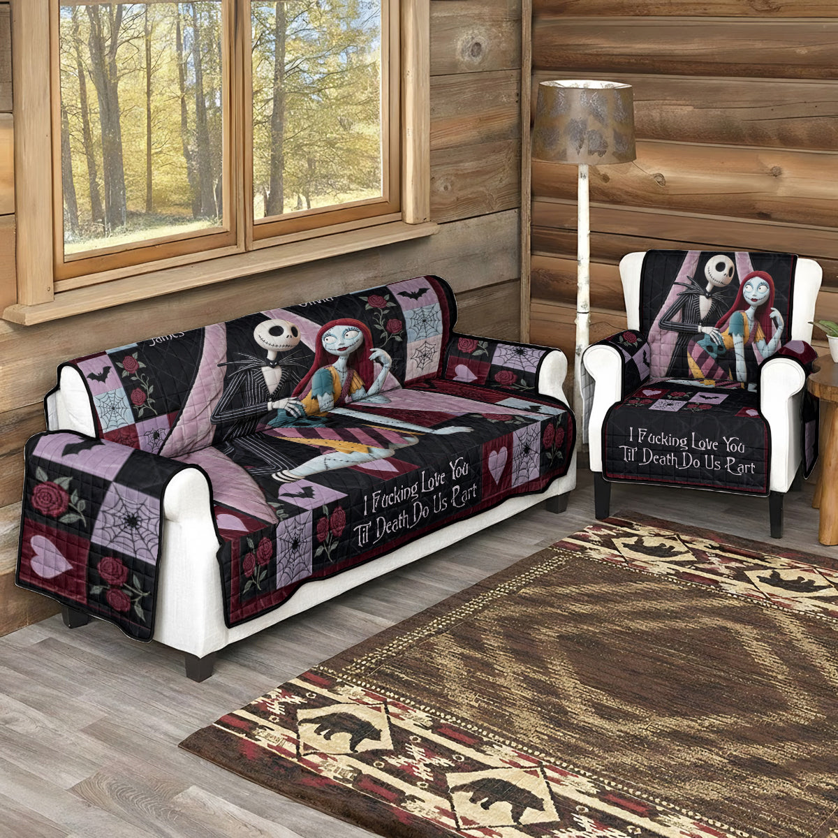 Personalized Gothic Romance Quilted Sofa Cover Custom Name for Couples Quilted Sofa/Couch Cover GradoCreations