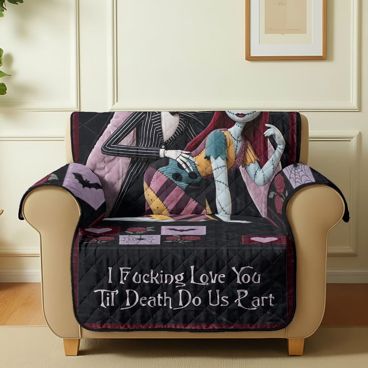Personalized Gothic Romance Quilted Sofa Cover Custom Name for Couples Quilted Sofa/Couch Cover GradoCreations