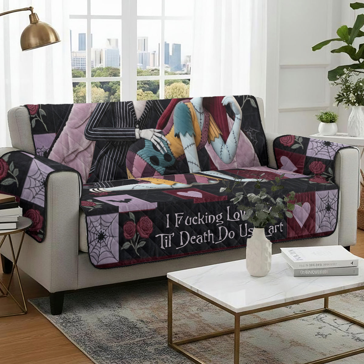 Personalized Gothic Romance Quilted Sofa Cover Custom Name for Couples Quilted Sofa/Couch Cover GradoCreations