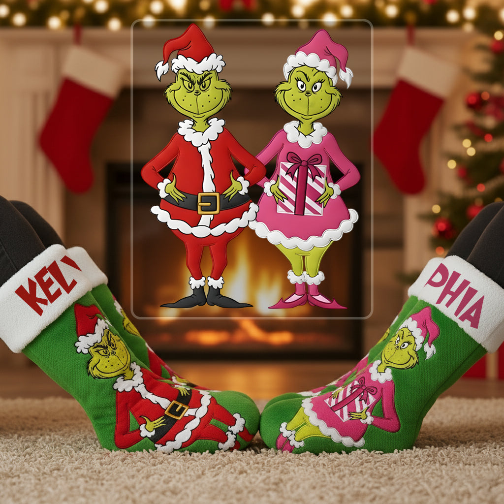 Personalized Grinch Christmas Socks Custom Name Gift Socks GradoCreations